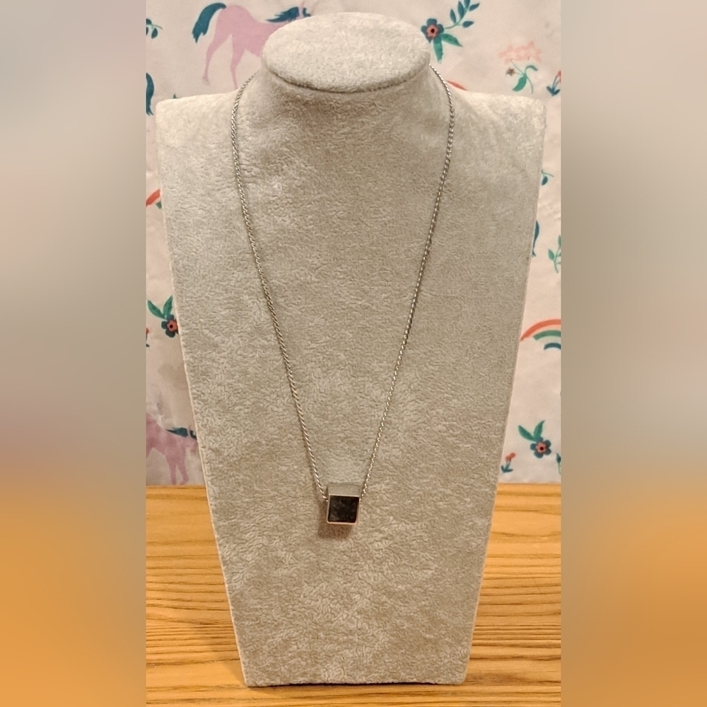 Vintage 90s Monet Silver Plate Casual Everyday Necklace Jewelry w/ 3D Cube Charm